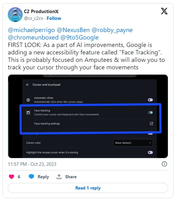 谷歌测试 ChromeOS 新辅助功能：追踪用户面部来操控鼠标键盘